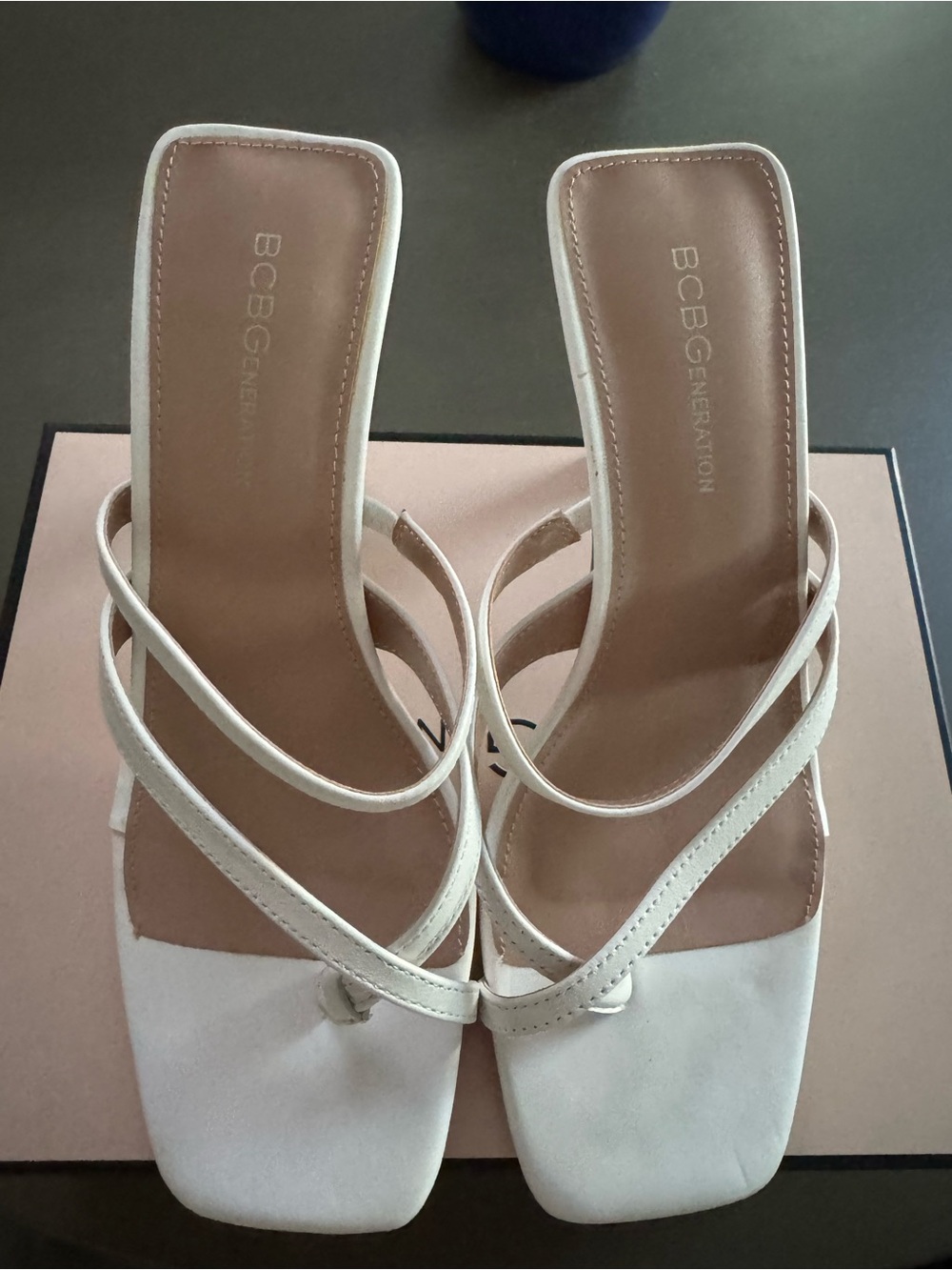 BCBG White Strappy Square-Toe Heeled Sandals